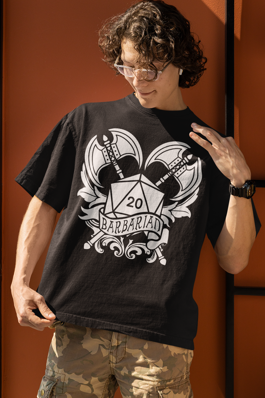 Dungeons and Dragons Barbarian Class T-Shirt | Black & White D20 Dice Design | Perfect Gift for RPG Gamers