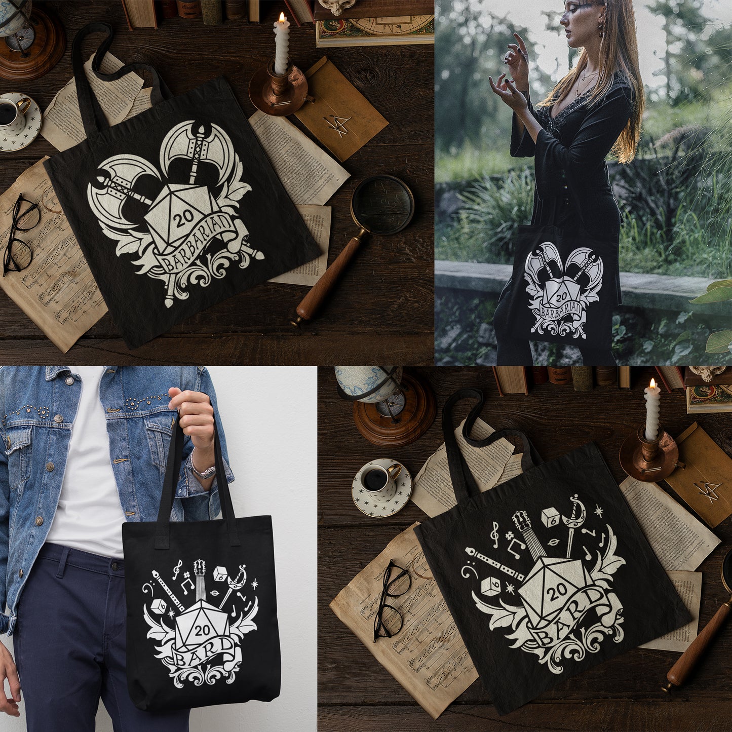 Black Tote Bags with D&D Class Symbols | Set of 12 Unique Designs | Perfect for Dungeon Masters and RPG Enthusiasts