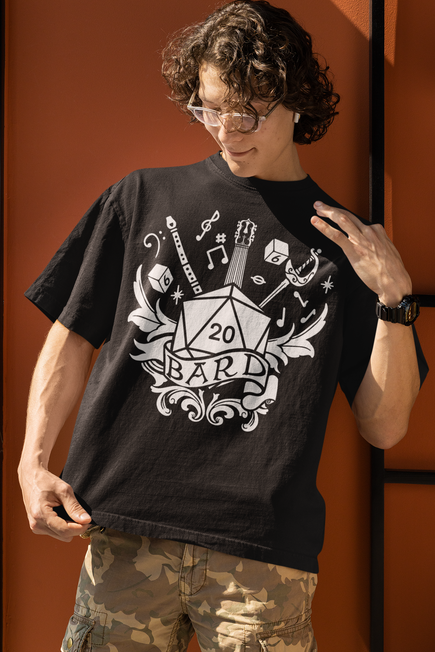 Dungeons and Dragons Bard Class T-Shirt | Black & White D20 Dice Design | Perfect Gift for RPG Gamers