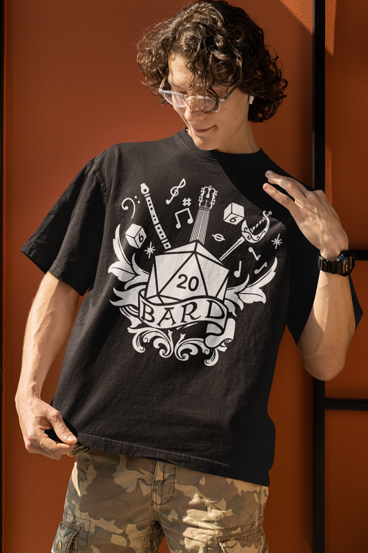 Dungeons and Dragons Bard Class T-Shirt | Black & White D20 Dice Design | Perfect Gift for RPG Gamers