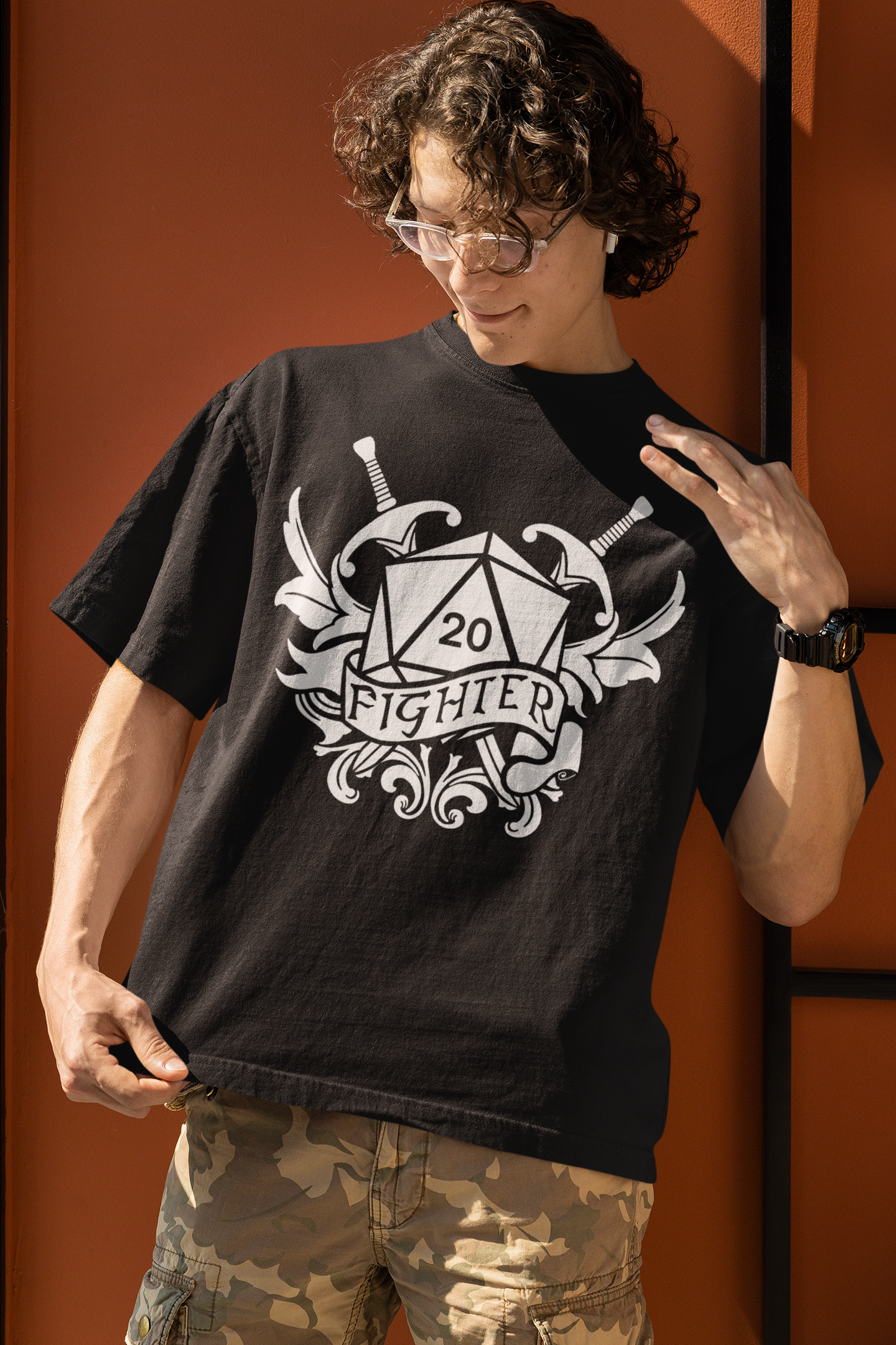 Dungeons and Dragons Fighter Class T-Shirt | Black & White D20 Dice Design | Perfect Gift for RPG Gamers
