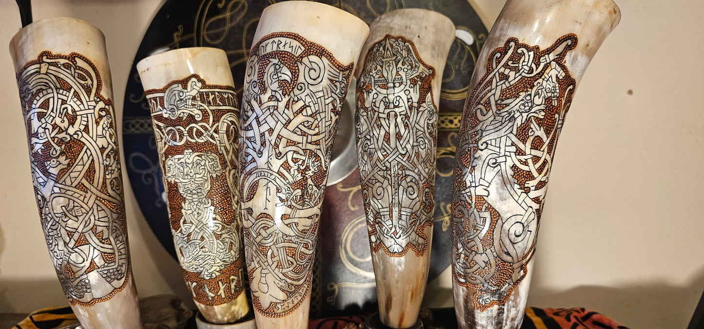 Viking Drinking Horn, Odin Art, Yggdrasil Artwork, Drinking Horn, Fenrir Horn , Horn with Stand, Viking Drinking Gift, Norse Mythology Gift