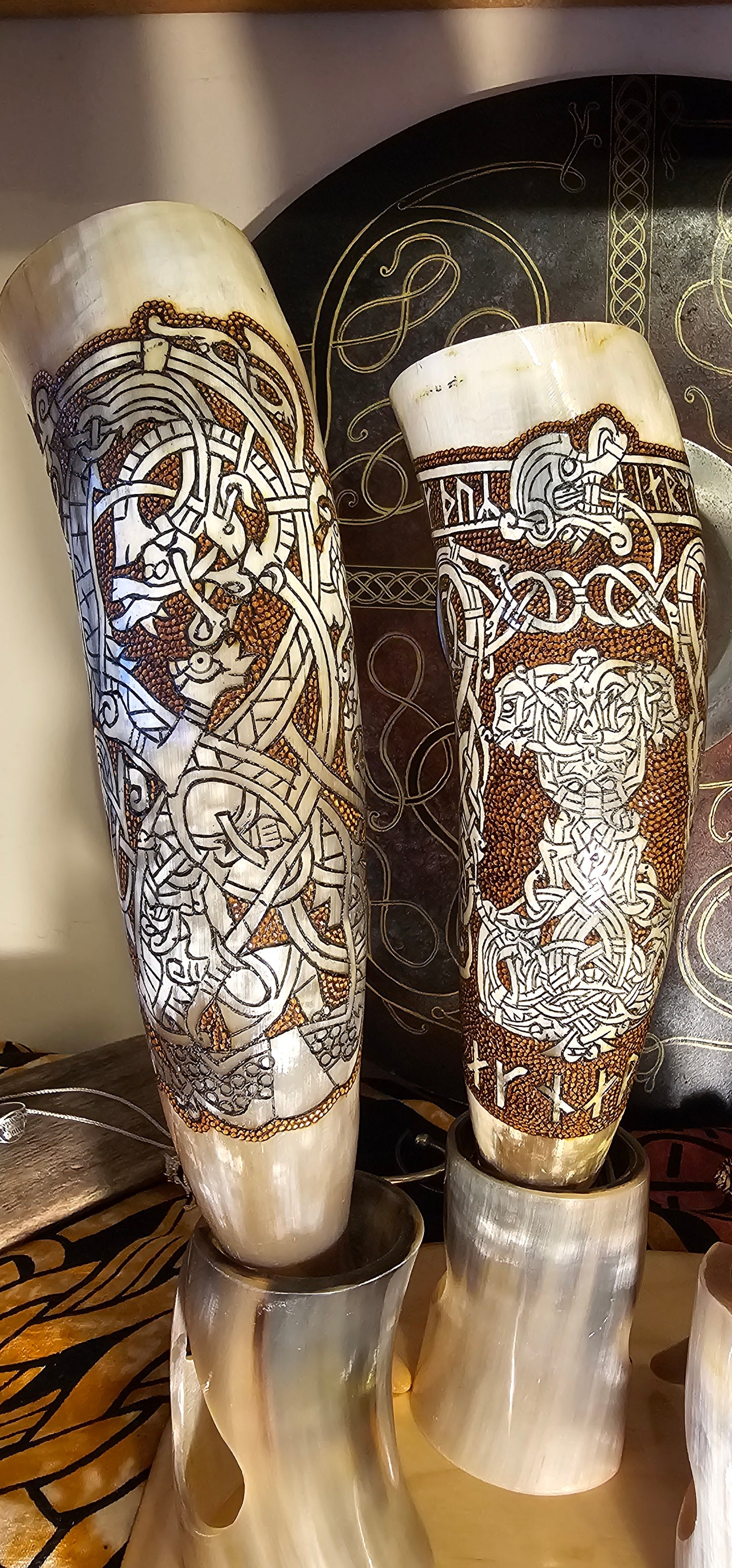 Viking Drinking Horn, Odin Art, Yggdrasil Artwork, Drinking Horn, Fenrir Horn , Horn with Stand, Viking Drinking Gift, Norse Mythology Gift