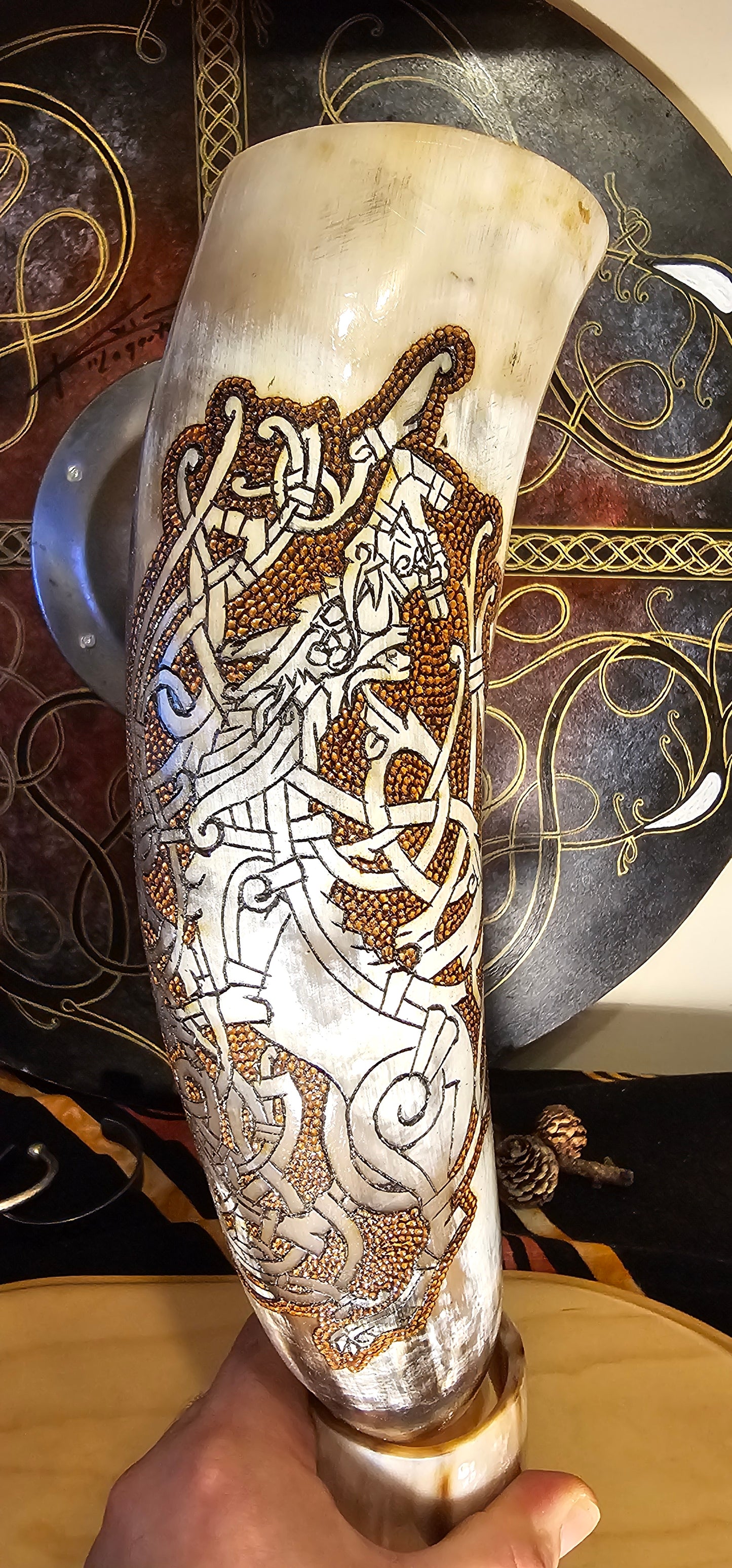 Viking Drinking Horn, Odin Art, Yggdrasil Artwork, Drinking Horn, Fenrir Horn , Horn with Stand, Viking Drinking Gift, Norse Mythology Gift