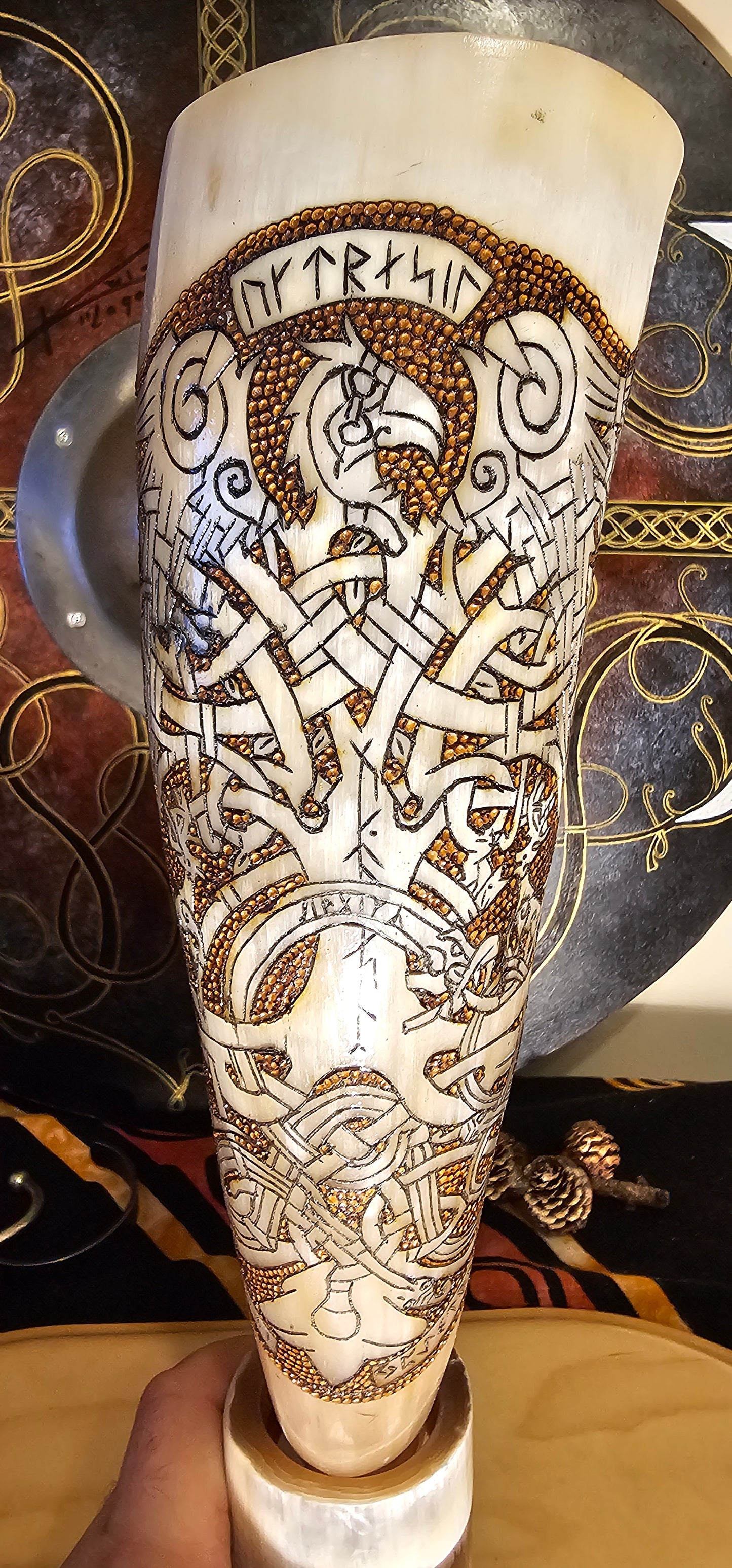Viking Drinking Horn, Odin Art, Yggdrasil Artwork, Drinking Horn, Fenrir Horn , Horn with Stand, Viking Drinking Gift, Norse Mythology Gift