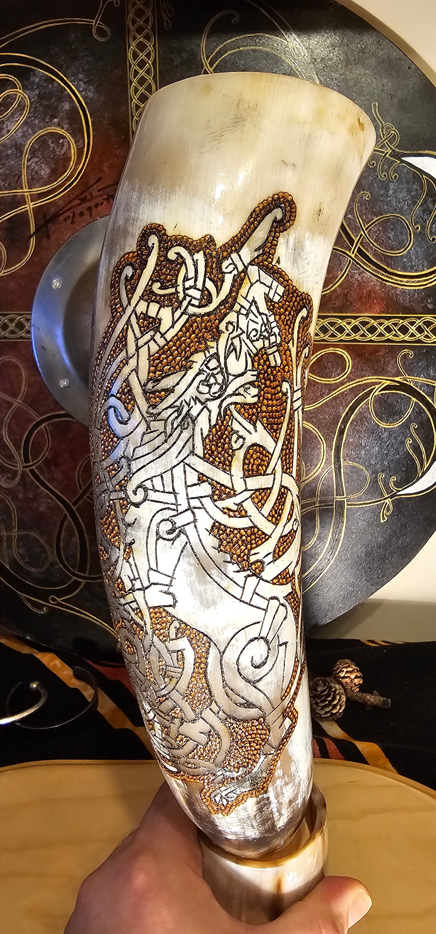 Viking Drinking Horn, Odin Art, Yggdrasil Artwork, Drinking Horn, Fenrir Horn , Horn with Stand, Viking Drinking Gift, Norse Mythology Gift