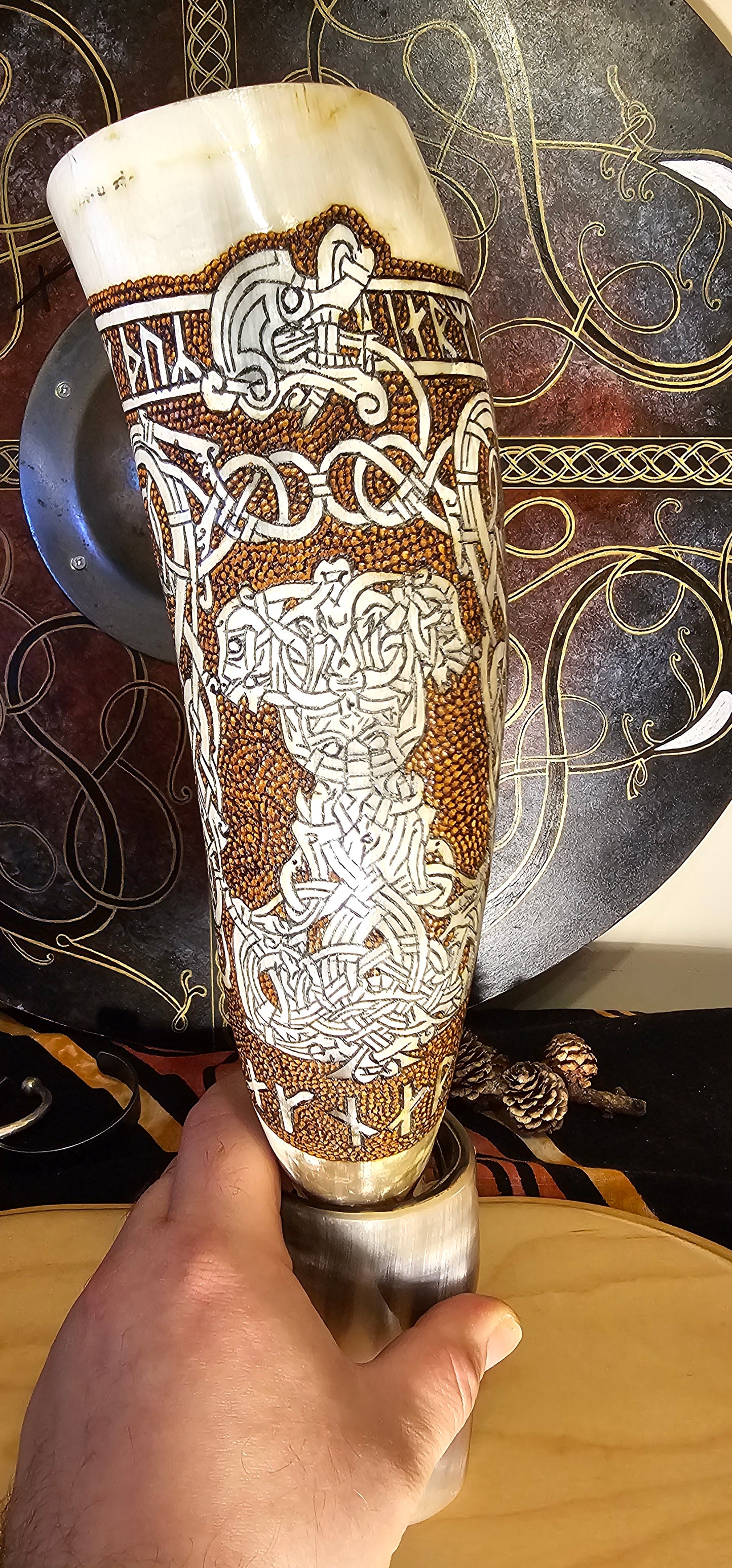 Viking Drinking Horn, Odin Art, Yggdrasil Artwork, Drinking Horn, Fenrir Horn , Horn with Stand, Viking Drinking Gift, Norse Mythology Gift