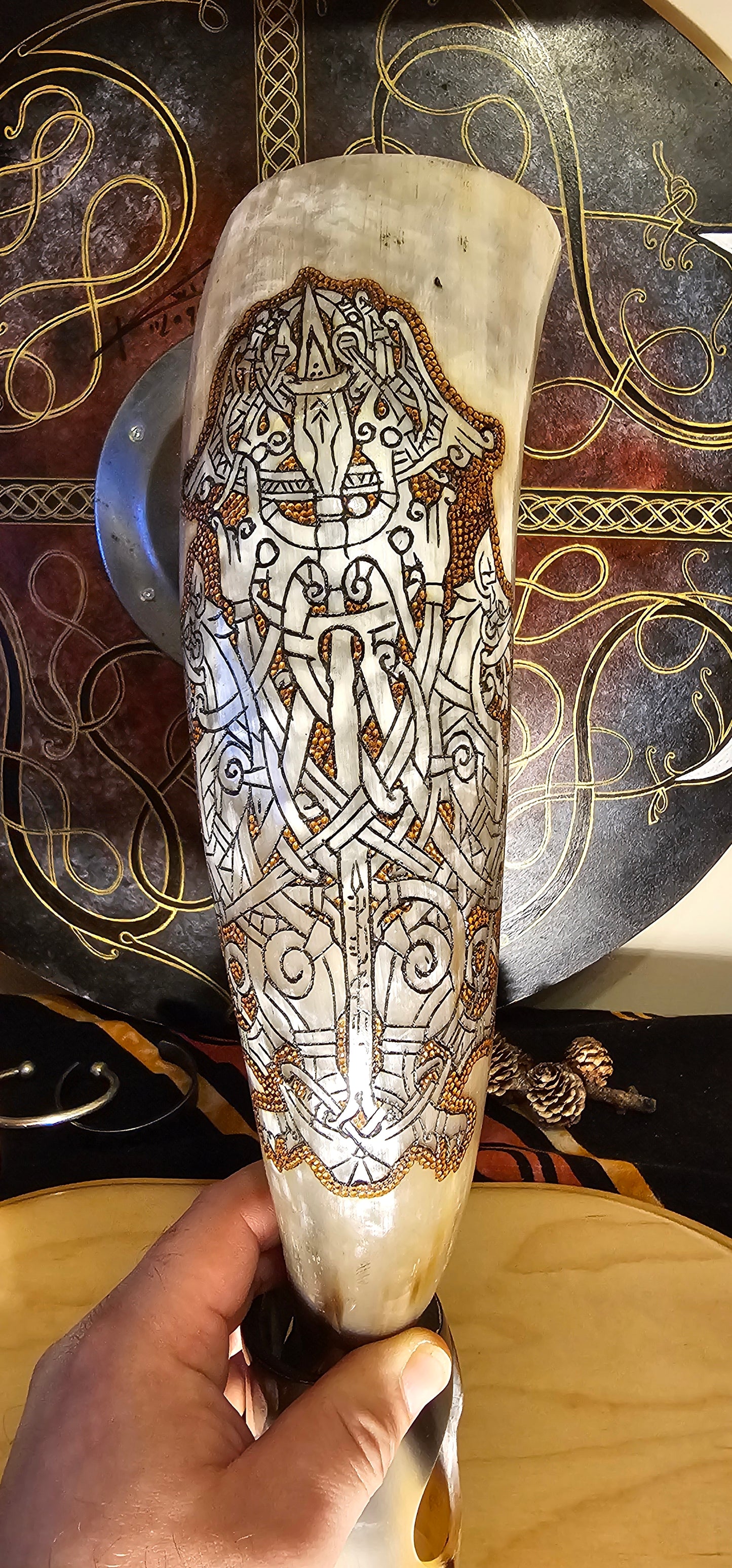 Viking Drinking Horn, Odin Art, Yggdrasil Artwork, Drinking Horn, Fenrir Horn , Horn with Stand, Viking Drinking Gift, Norse Mythology Gift