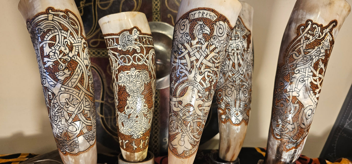 Viking Drinking Horn, Odin Art, Yggdrasil Artwork, Drinking Horn, Fenrir Horn , Horn with Stand, Viking Drinking Gift, Norse Mythology Gift