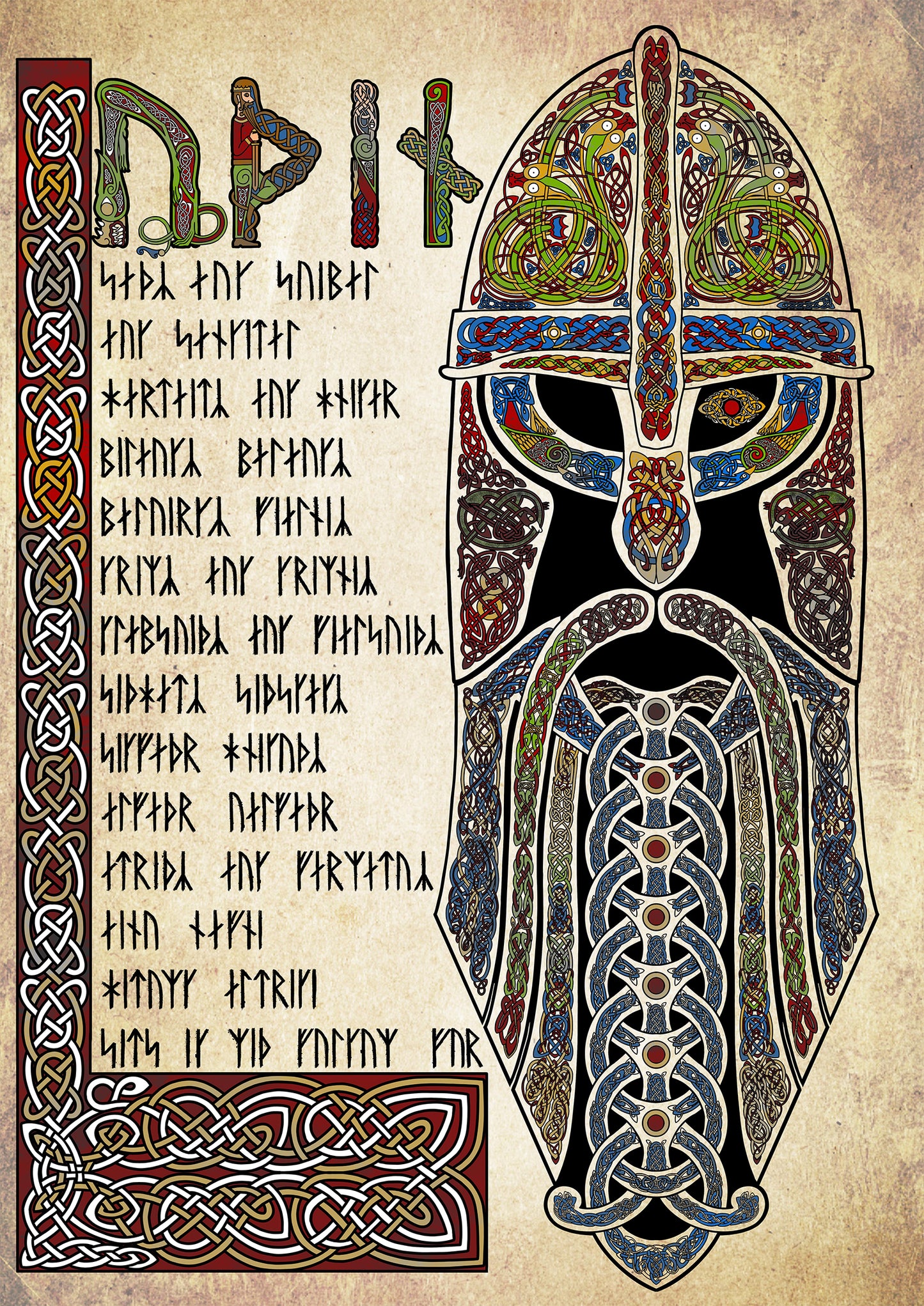 Knotwork Odin - Norse Celtic - Inspired by Book of Kells - Coloured