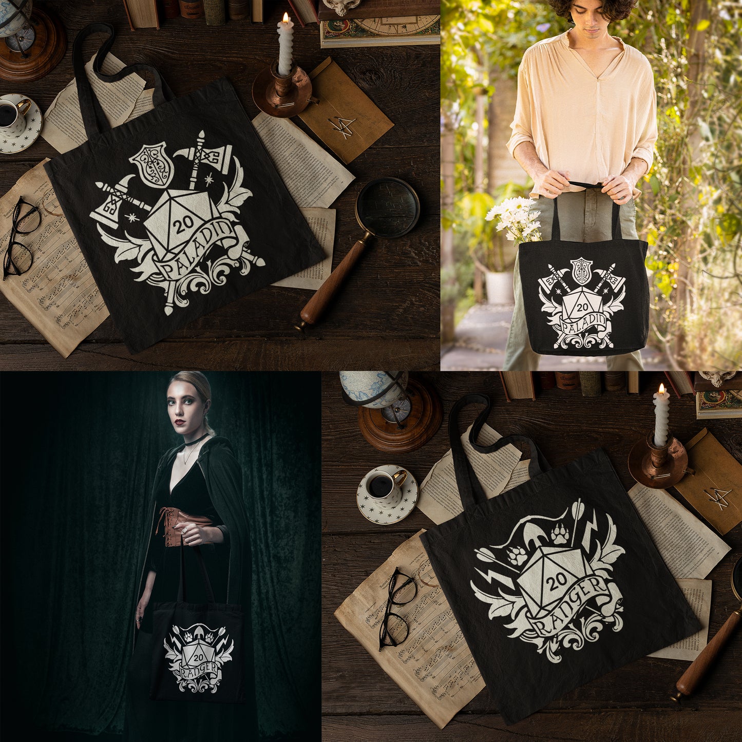 Black Tote Bags with D&D Class Symbols | Set of 12 Unique Designs | Perfect for Dungeon Masters and RPG Enthusiasts