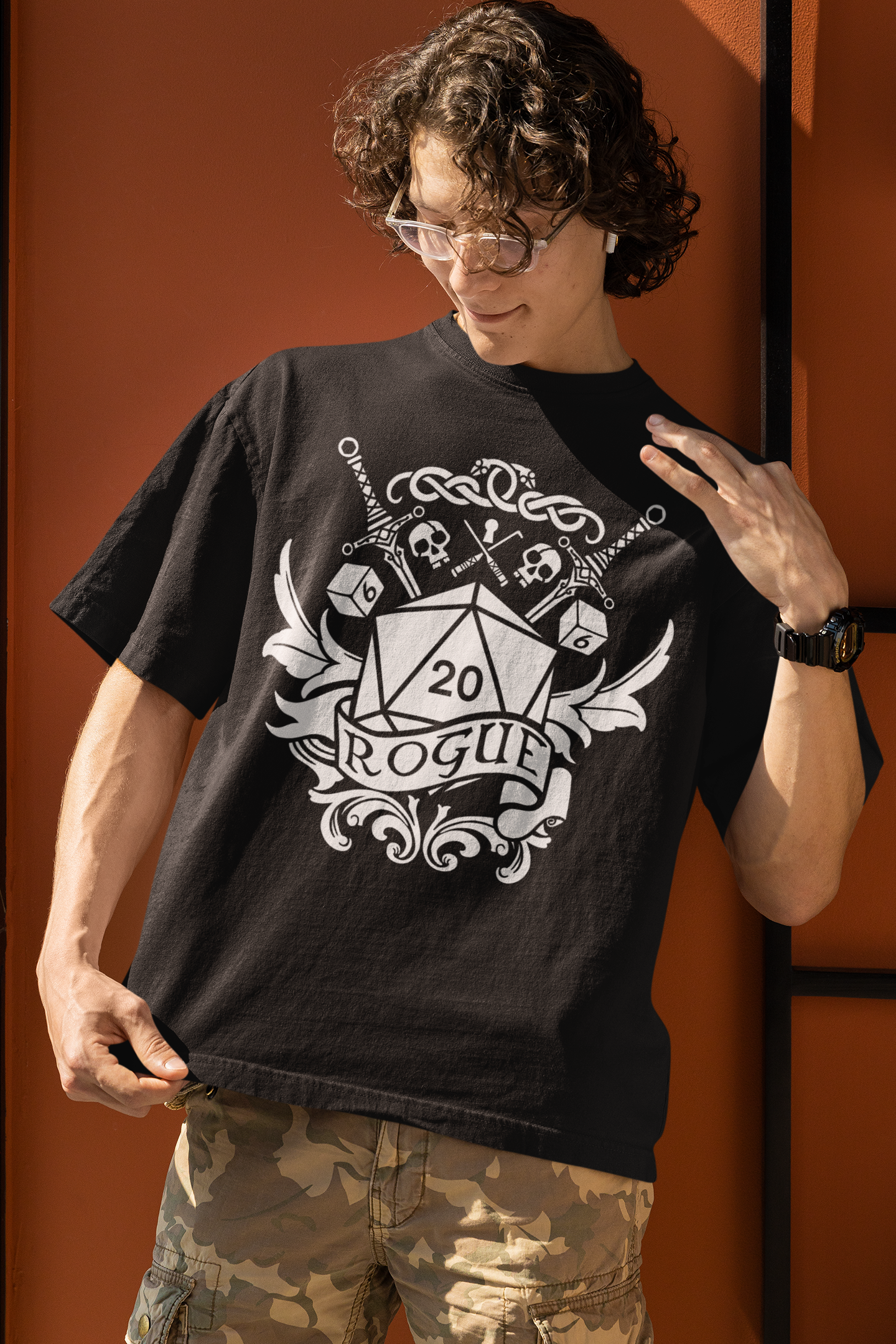 Dungeons and Dragons Rogue Class T-Shirt | Black & White D20 Dice Design | Perfect Gift for RPG Gamers
