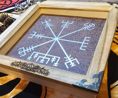 Handcrafted Wooden Dungeons & Dragons Dice Tray with Brown Faux Leather Base and Silver Vegvisir Design