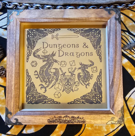 Handcrafted Wooden Dungeons & Dragons Dice Tray with Leather Engraved Base and Decorative Metal Corners