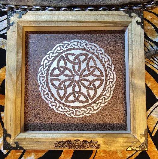 Handcrafted Wooden Dungeons & Dragons Dice Tray with Brown Faux Leather Base and Silver Celtic Knot Design