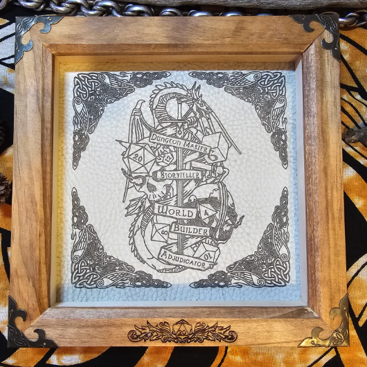 Handcrafted Wooden Dungeon Master Dice Tray with Leather Engraved Base and Decorative Metal Corners