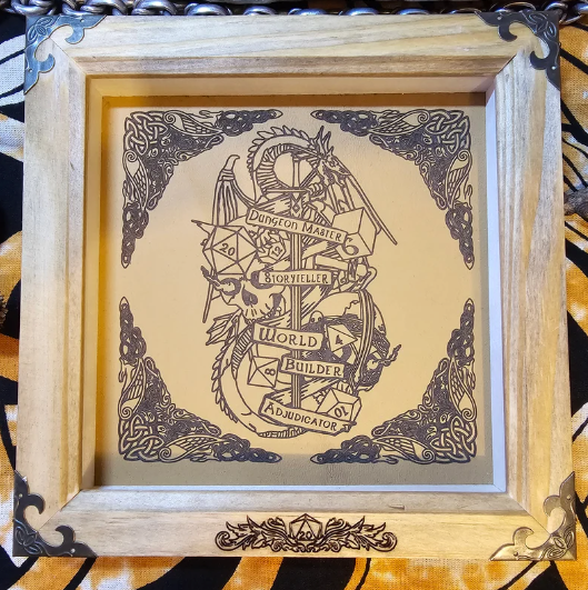 Handcrafted Wooden Dungeon Master Dice Tray with Leather Engraved Base and Decorative Metal Corners (Copy)