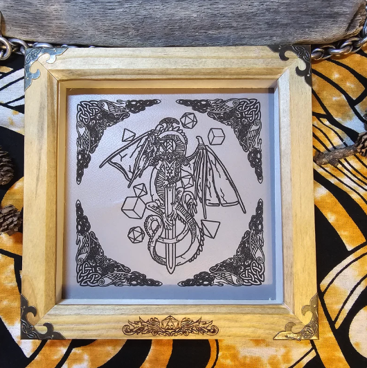 Handcrafted Wooden Dungeons & Dragons Dragonslayer Dice Tray with Leather Engraved Base and Decorative Metal Corners