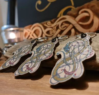 Nordic Dragon Key Chain - Norse Celtic - Inspired by Book of Kells - Coloured