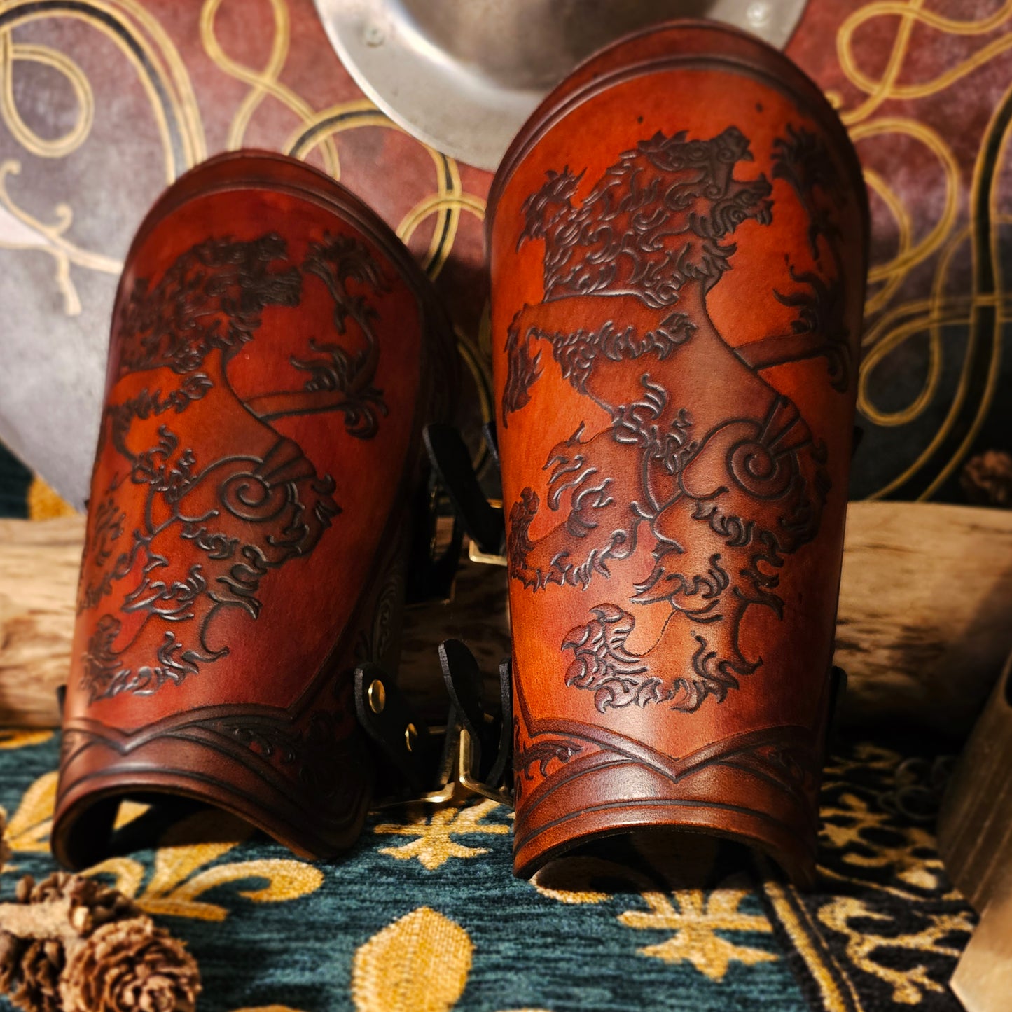 Brown Leather Buckled Vambraces - Heraldic Lion
