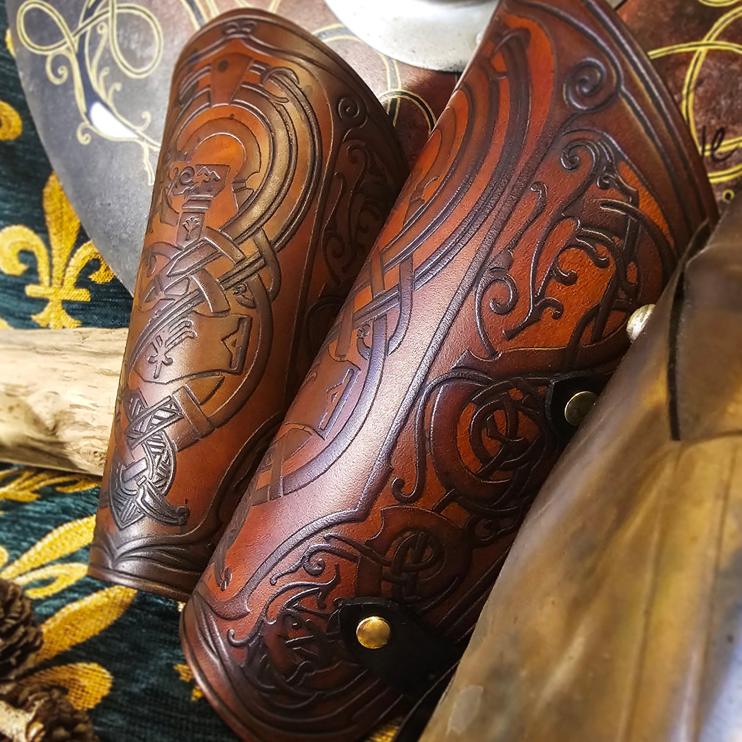 Brown Leather Buckled Vambraces - Jormungandr