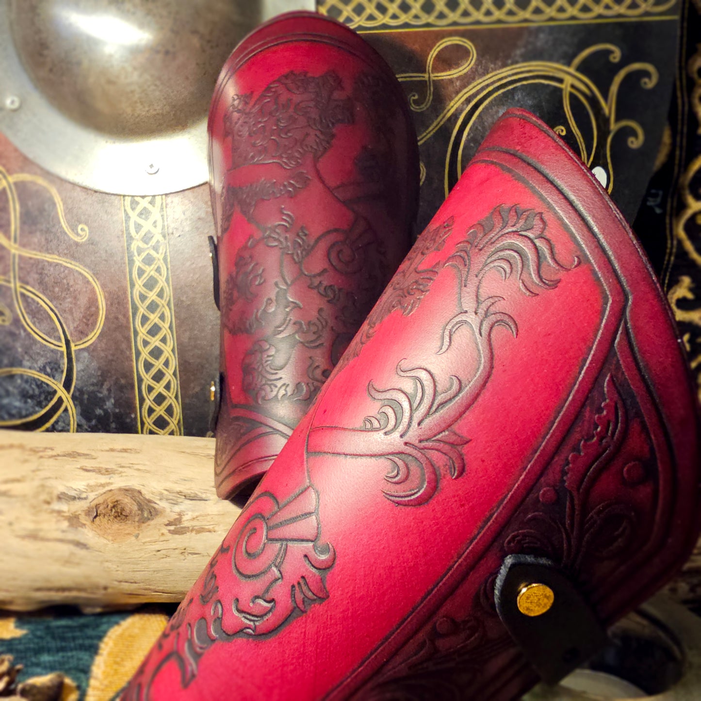 Red Leather Buckled Vambraces - Heraldic Lion
