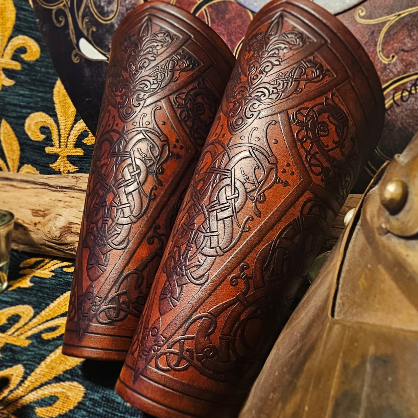 Brown Leather Laced Vambraces - Dragon