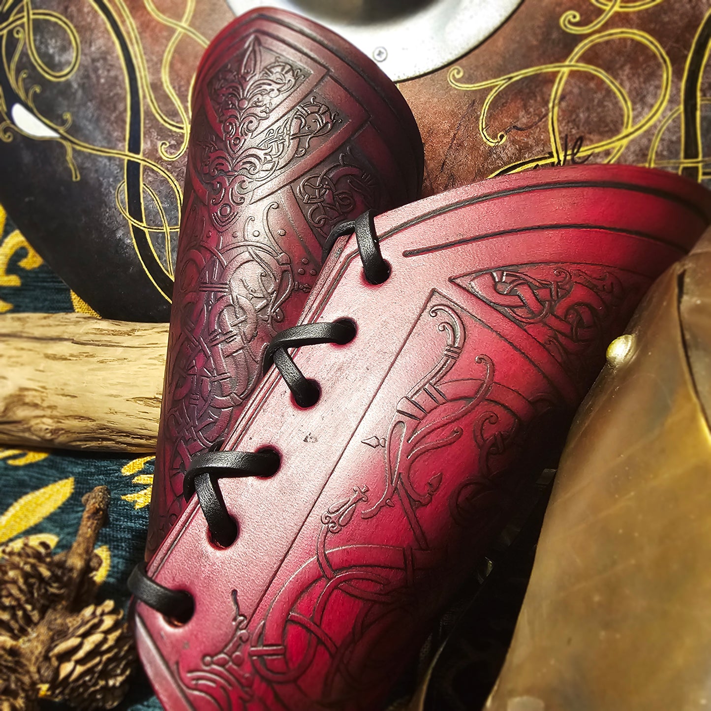 Red Leather Laced Vambraces - Dragon
