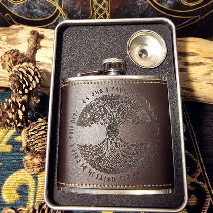 Hip Flask Leather - World Tree