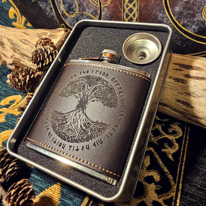 Hip Flask Leather - World Tree
