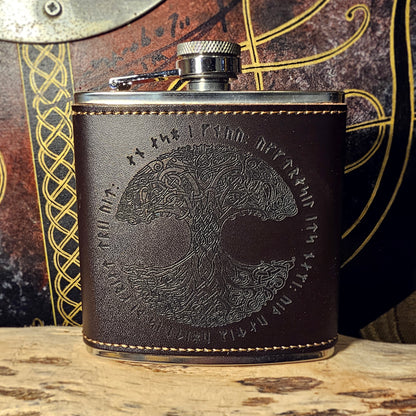 Hip Flask Leather - World Tree