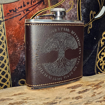 Hip Flask Leather - World Tree