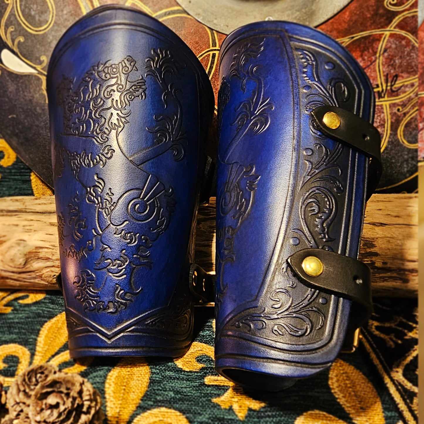 Blue Leather Buckled Vambraces - Heraldic Lion