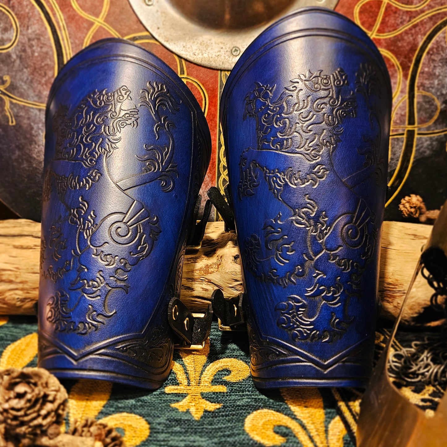 Blue Leather Buckled Vambraces - Heraldic Lion