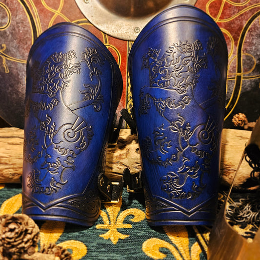Blue Leather Buckled Vambraces - Heraldic Lion