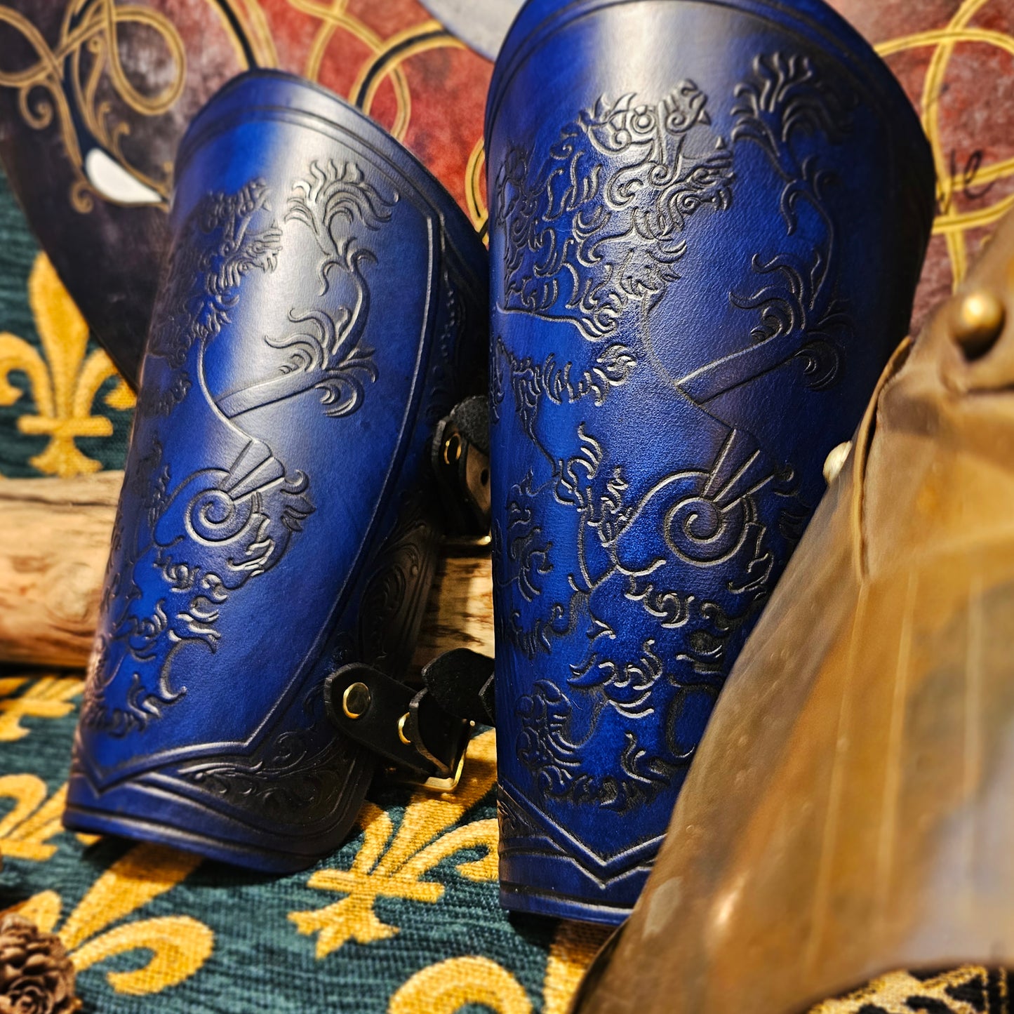 Blue Leather Buckled Vambraces - Heraldic Lion