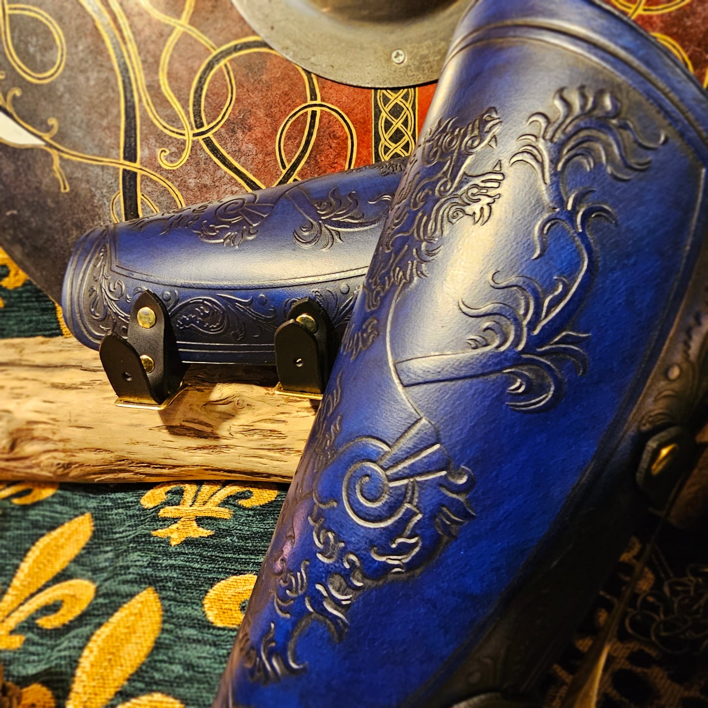 Blue Leather Buckled Vambraces - Heraldic Lion