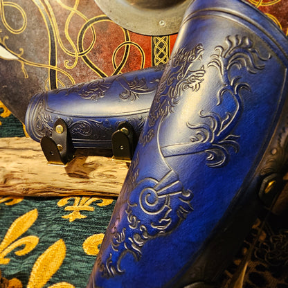 Blue Leather Buckled Vambraces - Heraldic Lion