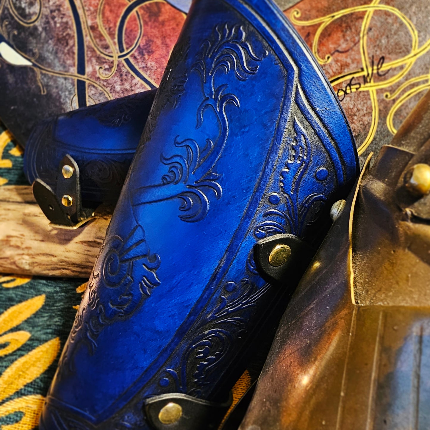 Blue Leather Buckled Vambraces - Heraldic Lion