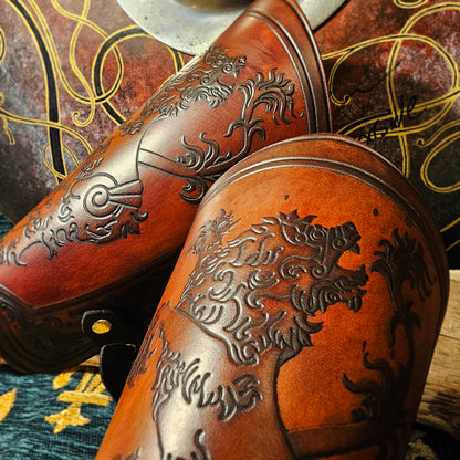 Brown Leather Buckled Vambraces - Heraldic Lion