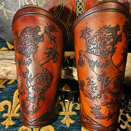 Brown Leather Buckled Vambraces - Heraldic Lion
