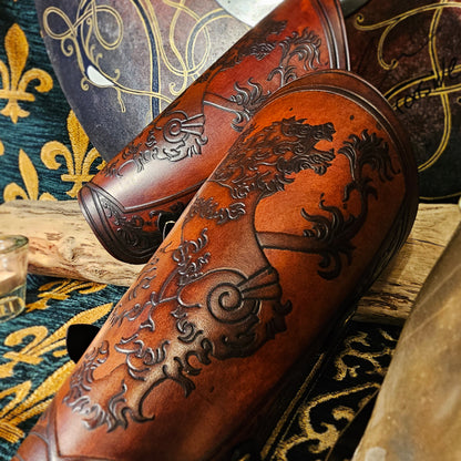 Brown Leather Buckled Vambraces - Heraldic Lion