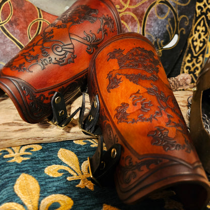 Brown Leather Buckled Vambraces - Heraldic Lion