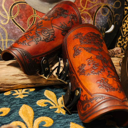 Brown Leather Buckled Vambraces - Heraldic Lion