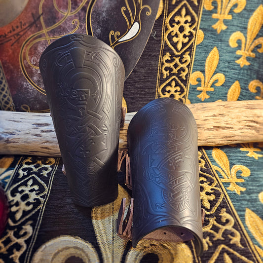 Green Leather Buckled Vambraces - Jormungandr
