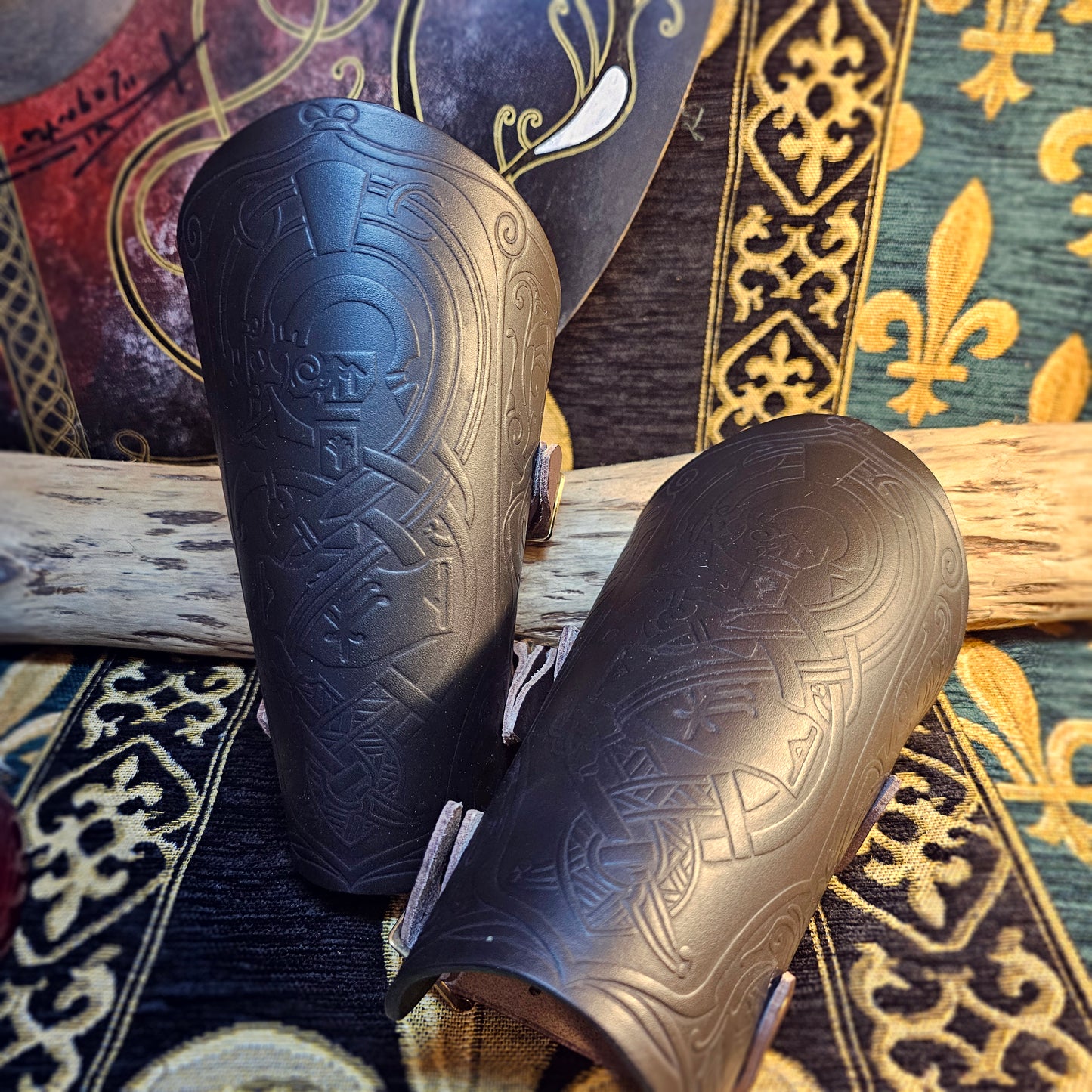 Green Leather Buckled Vambraces - Jormungandr
