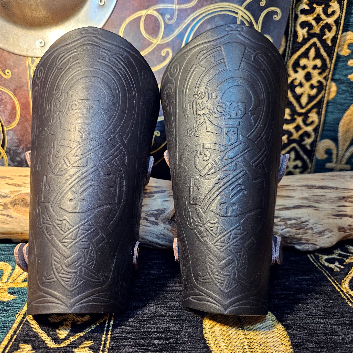 Green Leather Buckled Vambraces - Jormungandr