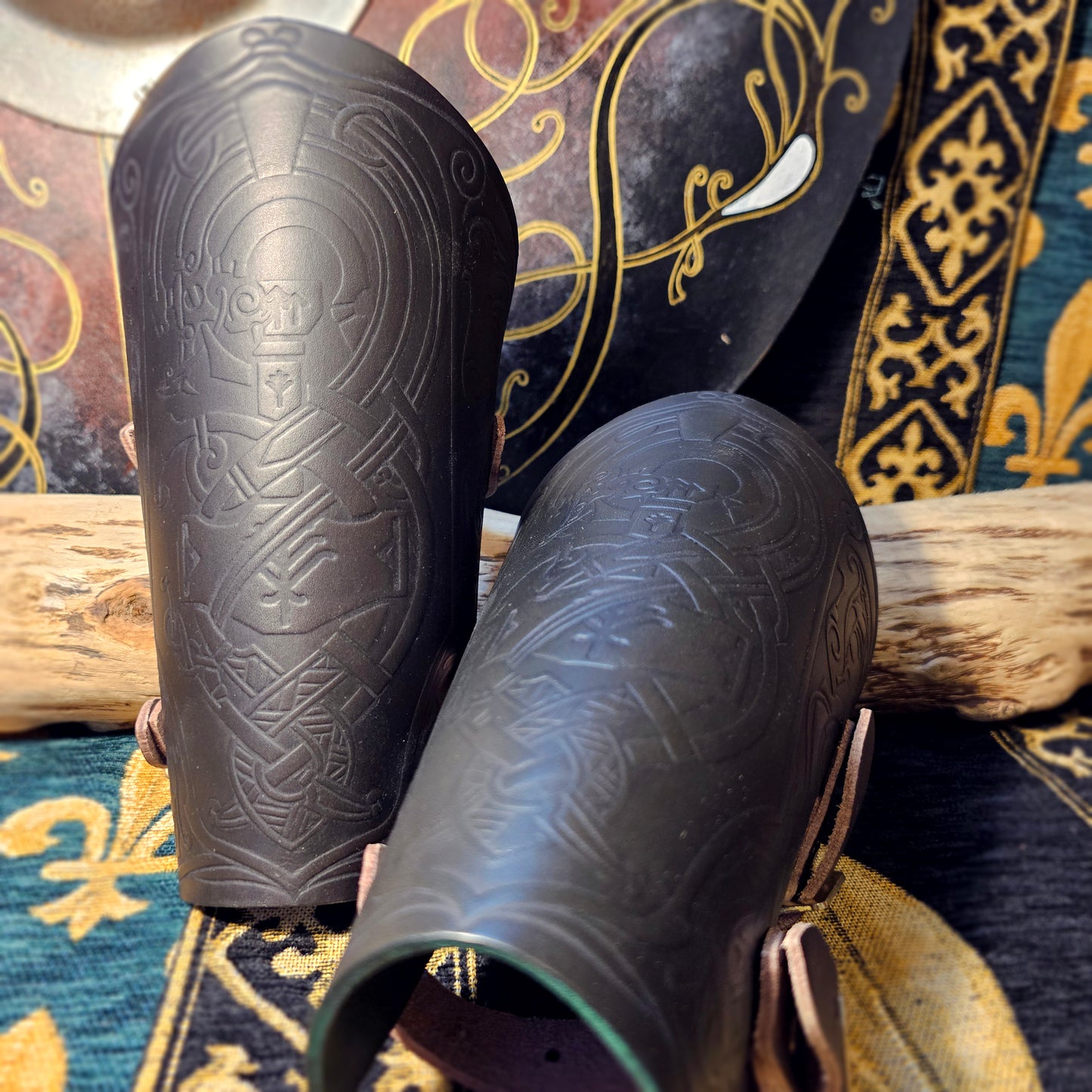 Green Leather Buckled Vambraces - Jormungandr