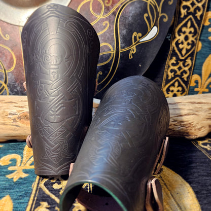 Green Leather Buckled Vambraces - Jormungandr