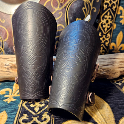 Green Leather Buckled Vambraces - Jormungandr